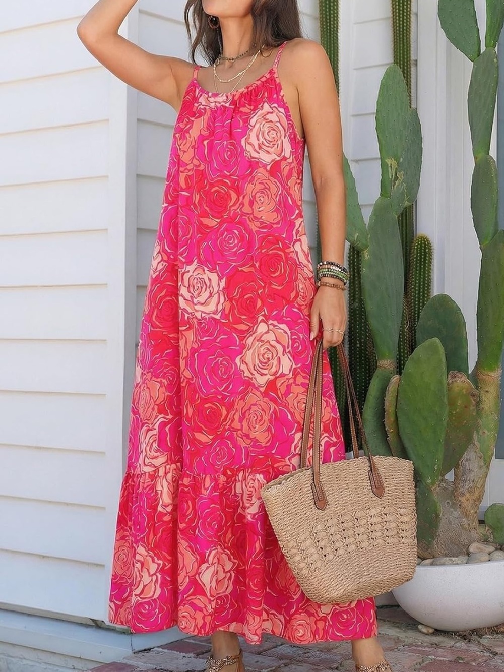 Women's pink and orange rose design spaghetti strap flowy maxi dress